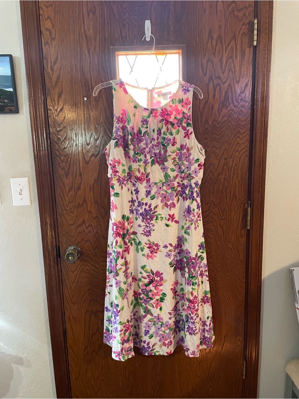 London Times Cream Floral Fit-and-Flare Dress with Pink & Purple Blooms
